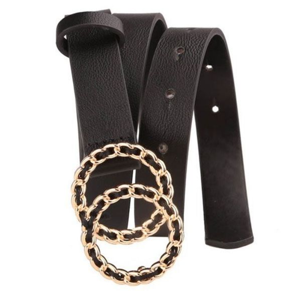 Black faux leather elegant double chunky chain link ring Gold buckle waist belt - Picture 9 of 12